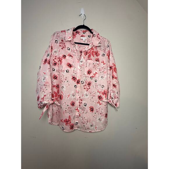 Charter Club Women's L Pink Floral Button Down Blouse with Tie Cuffs Lightweight - Picture 1 of 9